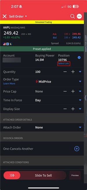 View lots from order ticket on the iPhone. 